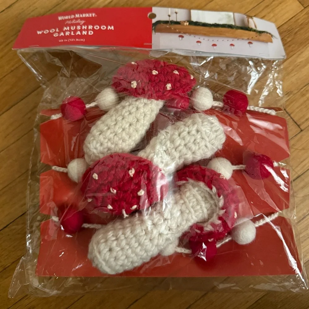 Red and White Crocheted Wool Mushroom Garland 48 inches